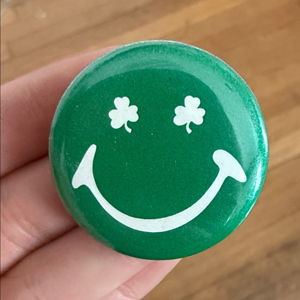 Green Smiley Face with shamrock eyes small Button